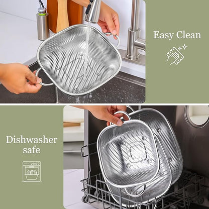 E-far 6QT Stainless Steel Colander with Handle - Square Metal Kitchen Strainer for Pasta & Vegetable Draining, Micro-Perforated & Elevated Feet, Dishwasher Safe - Image 6
