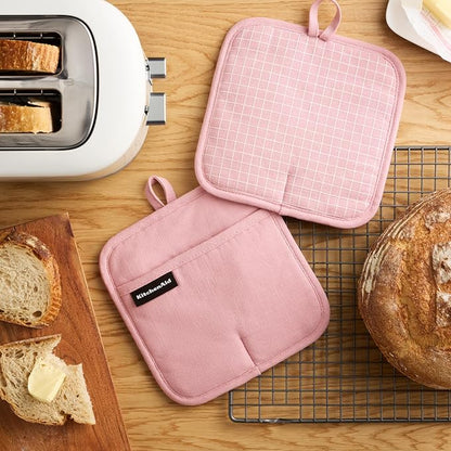 KITCHENAID Gourmet Series Gridlines Pot Holders 2-Pack Set, Heat Resistant up to 600°F, Soft Silicone Grip, Magnetic Cuff, Dried Rose, 8"x8" - Image 2