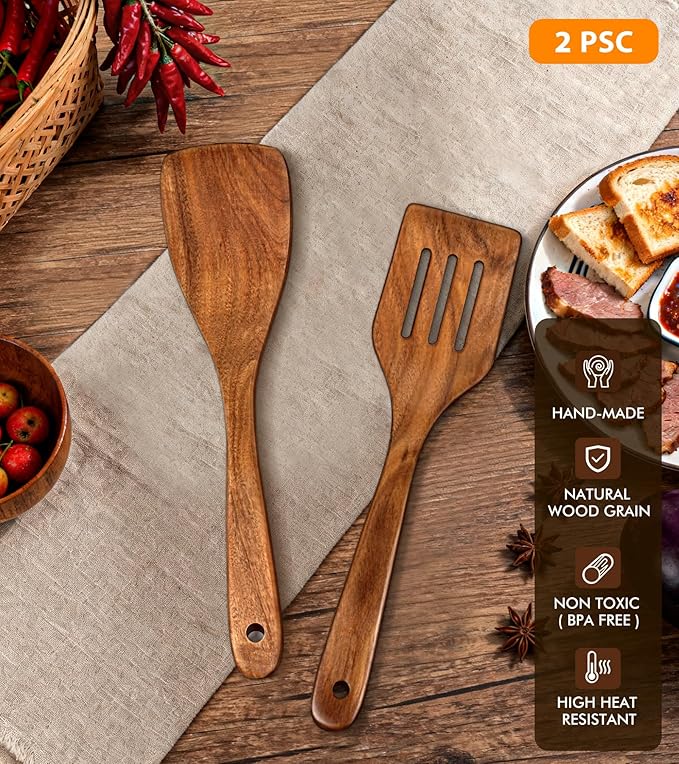 2Pcs Wooden Spatula, Acacia Wooden Spatula for Kitchen Use, Nonstick Cookware Safe Utensils Set including Turner and Slotted Turner, Ideal Cooking Utensils Gift Set for Cooking, Frying, Baking - Image 4