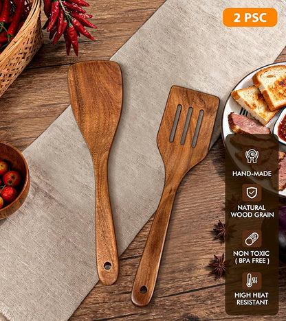 2Pcs Wooden Spatula, Acacia Wooden Spatula for Kitchen Use, Nonstick Cookware Safe Utensils Set including Turner and Slotted Turner, Ideal Cooking Utensils Gift Set for Cooking, Frying, Baking - Image 4