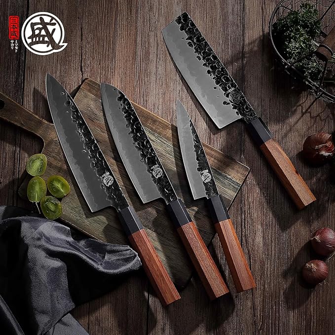 MITSUMOTO SAKARI Japanese Chef's Knife Set 4 Pcs, Professional Hand Forged Kitchen Chef Knife Set, High Carbon Ultra Sharp Cooking Chefs Knife Set (Rosewood Handle & Sandalwood Box) - Image 4