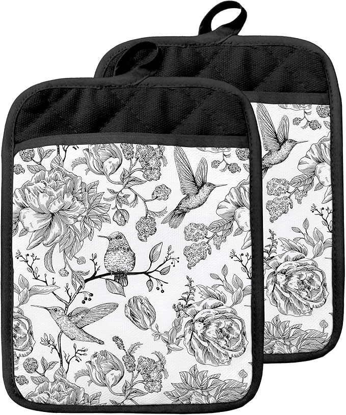 Vintage Floral Hummingbird Pot Holders with Pockets, Retro Rustic Flower Bird Oven Pot Holders Heat Resistant Oven Mitts Hot Pads for Kitchen Baking Cooking