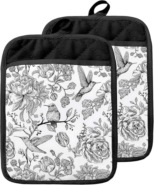 Vintage Floral Hummingbird Pot Holders with Pockets, Retro Rustic Flower Bird Oven Pot Holders Heat Resistant Oven Mitts Hot Pads for Kitchen Baking Cooking