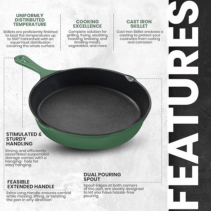 Utopia Kitchen Cast iron Skillets 3 Piece Set, Chefs Pan, Pre Seasoned Cast iron Skillets, 6, 8 & 10 Inches, Easy Use in the Oven, Stove, Grill, or Campfire, Green - Image 4