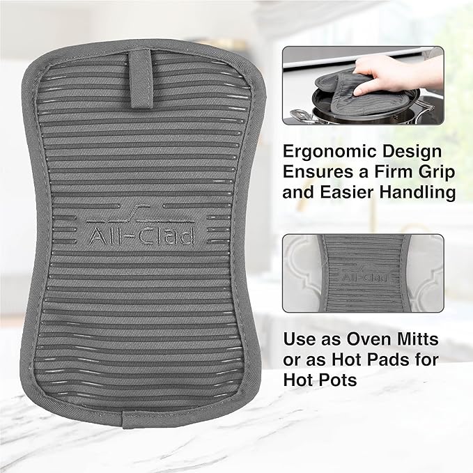 All-Clad Premium Pot Holder & Heating Pad, (2-Pack) Heat Resistant to 500 Degrees, 100% Cotton 10"x6.25" for Kitchen and Barbeque, Pewter - Image 3