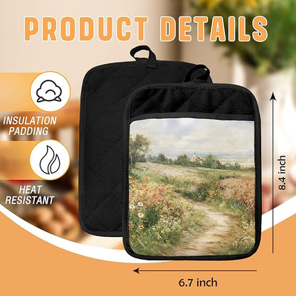 Rustic Wildflower Meadow Pot Holders with Pockets, Cottagecore Country Landscape Oven Pot Holders Heat Resistant Oven Mitts Hot Pads for Kitchen Baking Cooking