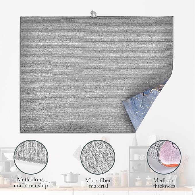 Blue Gold Marble Dish Drying Rack Mat for Kitchen Counter, Dish Drying Pad Absorbent Reversible Microfiber Protector for Coffee Bar Sink Countertops 18x24 Inch