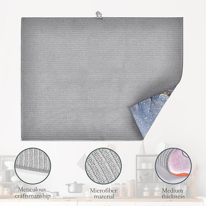 Blue Gold Marble Dish Drying Rack Mat for Kitchen Counter, Dish Drying Pad Absorbent Reversible Microfiber Protector for Coffee Bar Sink Countertops 18x24 Inch