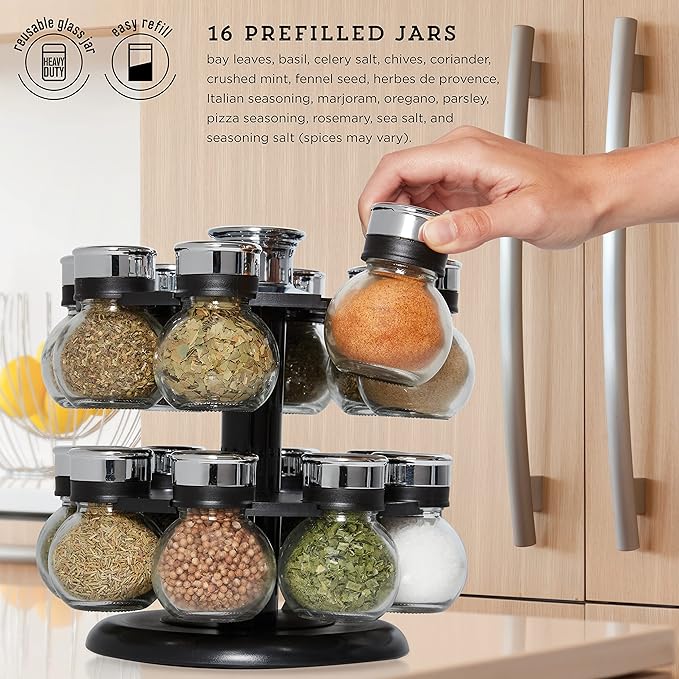 Kamenstein Ellington 16 Jar Revolving Spice Rack with Prefilled Spices - Rotating Chrome and Plastic Countertop Organizer with Sifter Caps and Labeled Lids - Image 2