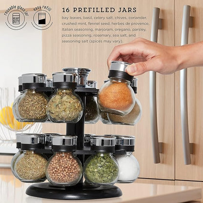 Kamenstein Ellington 16 Jar Revolving Spice Rack with Prefilled Spices - Rotating Chrome and Plastic Countertop Organizer with Sifter Caps and Labeled Lids - Image 2