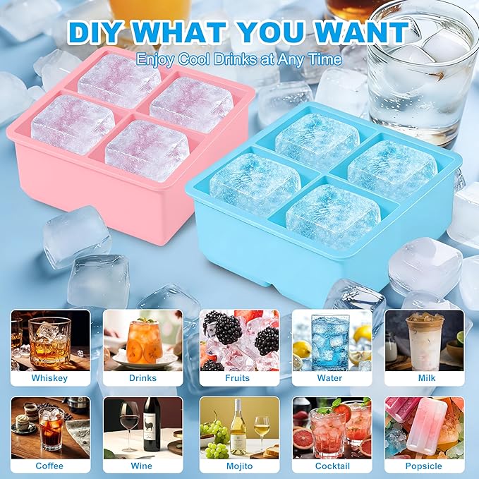 Large Silicone Ice Cube Tray 2Pack, Easy Release 2" Big Ice Cubes,Leak Proof Removable Lid Square Ice Cube Tray for Cocktail，Whiskey，Reusable Stackable Flexible Ice(Blue+Pink) (Blue) - Image 3