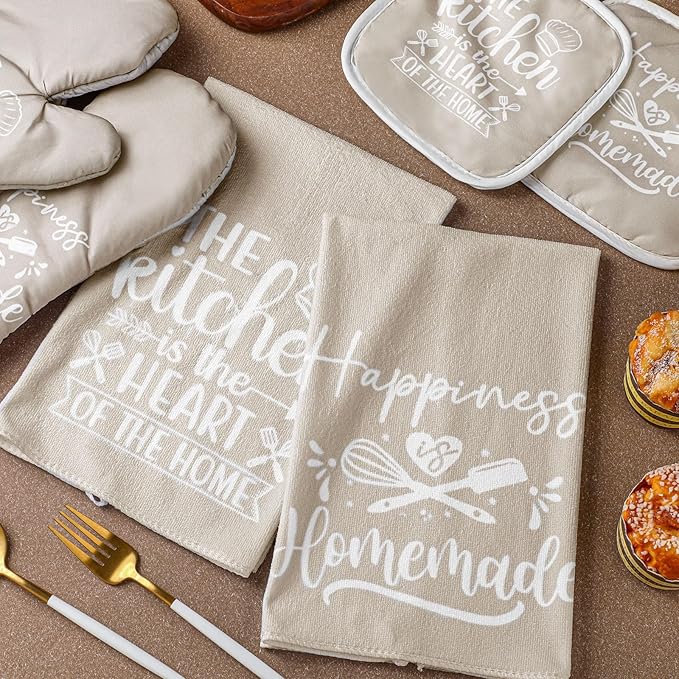 Sratte 6 Pcs Kitchen Decor Accessories Set Farmhouse Towels Pot Holders Oven Mitts Set 2 Dish Towels 2 Potholders 2 Cooking Mittens Oven Glove for Christmas Baking Cooking Supply(Beige,Kitchen) - Image 7