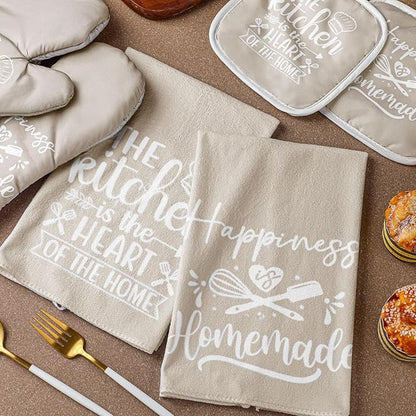 Sratte 6 Pcs Kitchen Decor Accessories Set Farmhouse Towels Pot Holders Oven Mitts Set 2 Dish Towels 2 Potholders 2 Cooking Mittens Oven Glove for Christmas Baking Cooking Supply(Beige,Kitchen) - Image 7