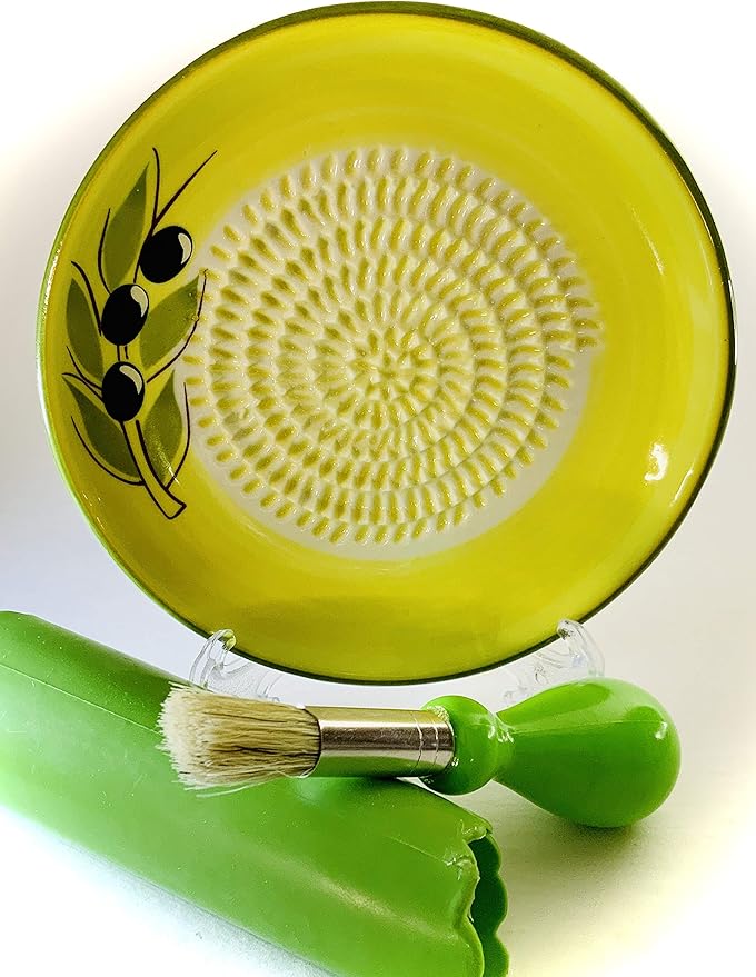 BonCera, All-in-one Premium Ceramic Garlic Grater Plate 4-Piece Set - Yellow Olive Design, Classic Style - For Garlic, Ginger, Chocolate, and more! - Comes with 5.25" Plate, Peeler, Brush, and Stand