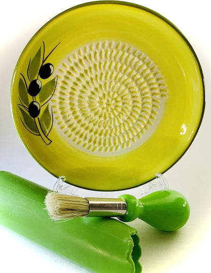 BonCera, All-in-one Premium Ceramic Garlic Grater Plate 4-Piece Set - Yellow Olive Design, Classic Style - For Garlic, Ginger, Chocolate, and more! - Comes with 5.25" Plate, Peeler, Brush, and Stand