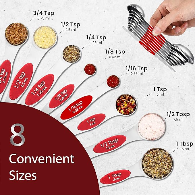 Magnetic Measuring Spoons Set of 9 Stainless Steel Dual-Sided Stackable Measuring Spoon Nesting Teaspoons Measuring Dry and Liquid Ingredients, Fits in Spice Jars Set of 9 (Red) - Image 7