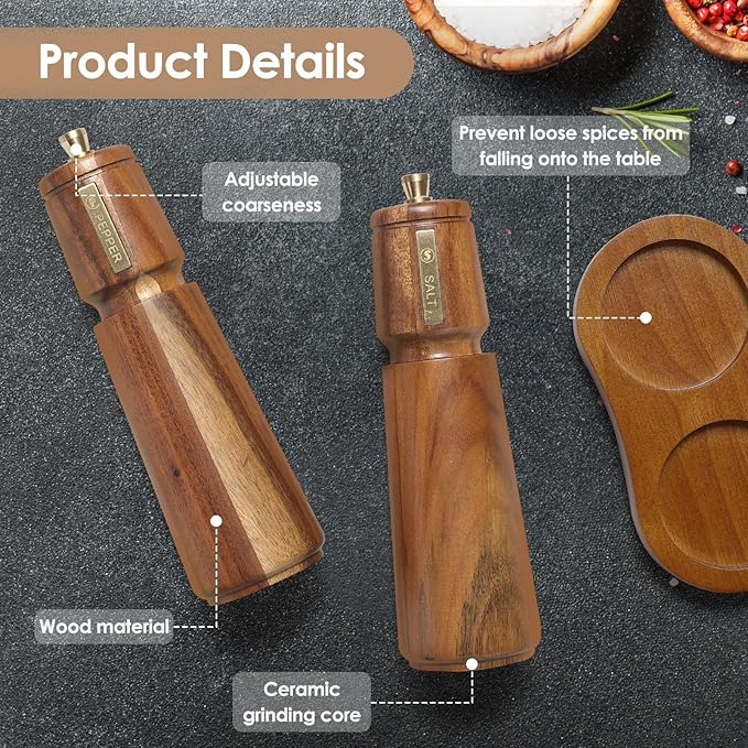 Wooden Salt and Pepper Grinder Set with Brush and Spoon, 8 Inch Manual Salt and Pepper Mill, Adjustable Coarseness, Refillable Pepper Grinder with Ceramic Core for Kitchen, Brown