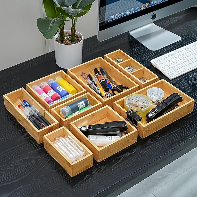 Fabsome Drawer Organizer, Set of 9 Bamboo Wood Kitchen Makeup Desk Junk Tea Drawer Storage Boxes Bins for Cutlery Silverware Utensils Flatware, Small Wooden Container Tray for Bathroom, Office - Image 4