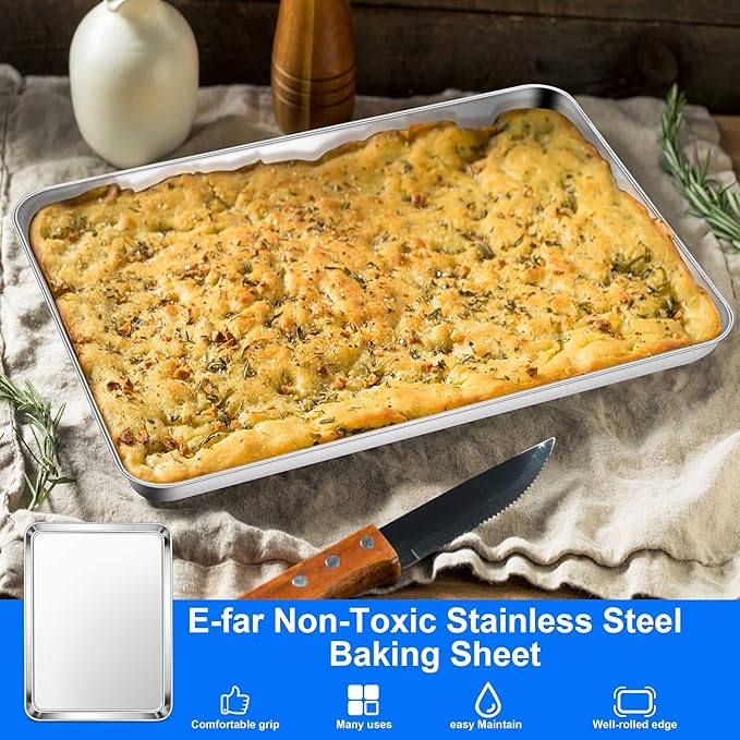 E-far Large Baking Sheets Set of 4, 20”x14” Stainless Steel Cookie Sheet Pans for Oven, Non Toxic Big Metal Baking Tray for Cake Cookies, Healthy & Rust Free, Mirror Finish & Dishwasher Safe - Image 3