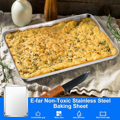 E-far Large Baking Sheets Set of 4, 20”x14” Stainless Steel Cookie Sheet Pans for Oven, Non Toxic Big Metal Baking Tray for Cake Cookies, Healthy & Rust Free, Mirror Finish & Dishwasher Safe - Image 3