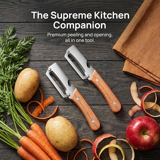 2pcs Stainless Steel Vegetable Peeler with Wooden Handle, Sharp Fruit Peeler for Kitchen, Multifunctional Potato Peeler with Can Opener, Ergonomic Non-Slip Grip for Home Cooking, Restaurant, Camping - Image 2