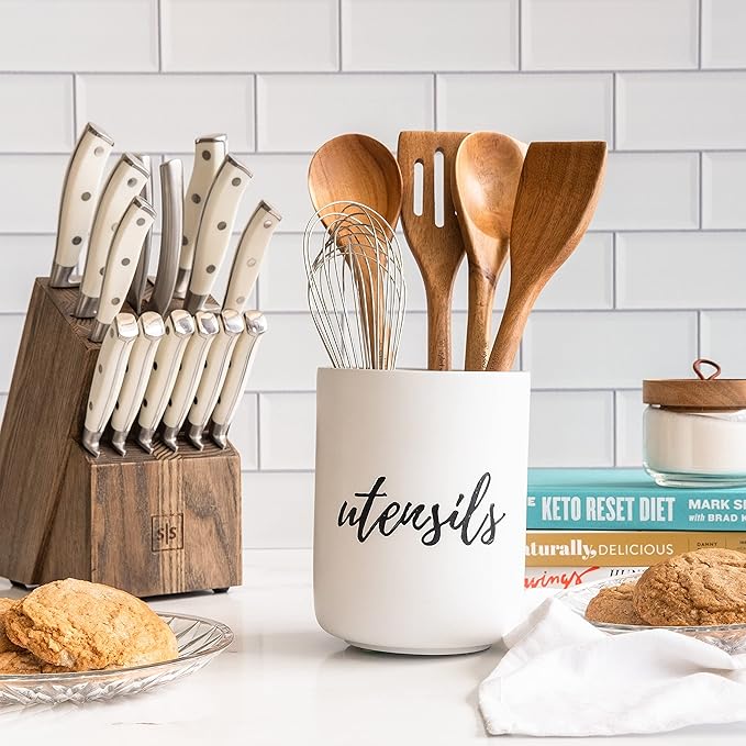 STYLED SETTINGS White Utensil Holder for Countertop - Rustic Farmhouse Organizer for Extra Large Utensils - Heavy and Durable Utensil Holder for Modern Farmhouse Decor and Kitchen Accessories - Image 6
