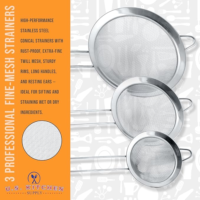 U.S. Kitchen Supply Set of 3 Stainless Steel Conical Strainers - 3", 4" & 5.5" Sizes - Chinois Style, Extra Fine Twill Mesh Sieve, Stainless Steel Strainers and Colanders for Kitchen - Image 6