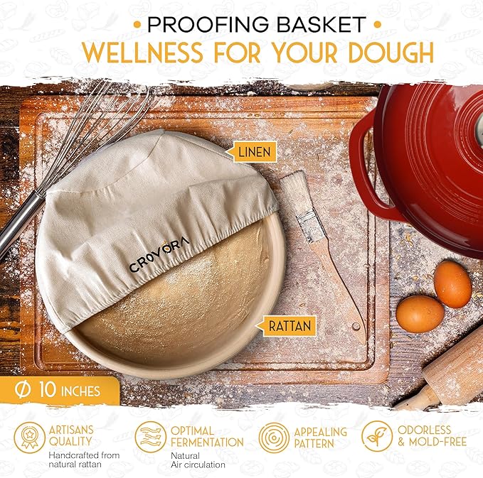 Crovora 6 QT Enameled Cast Iron Dutch Oven for Bread Baking with Lid - Incl. Sourdough Bread Baking Supplies like Banneton Bread Proofing Basket, Cast Iron Bread Oven, Bread Pan, bread making tools