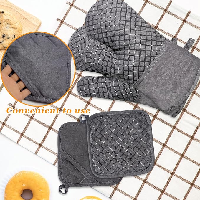 4 Pcs Oven Mitts and Pot Holders,Kitchen Long Oven Glove High Heat Resistant 500 Degree,Extra Thicken Oven Mitts and Potholder with Non-Slip Silicone Surface for Baking,Grilling,Cooking(Grey) - Image 6