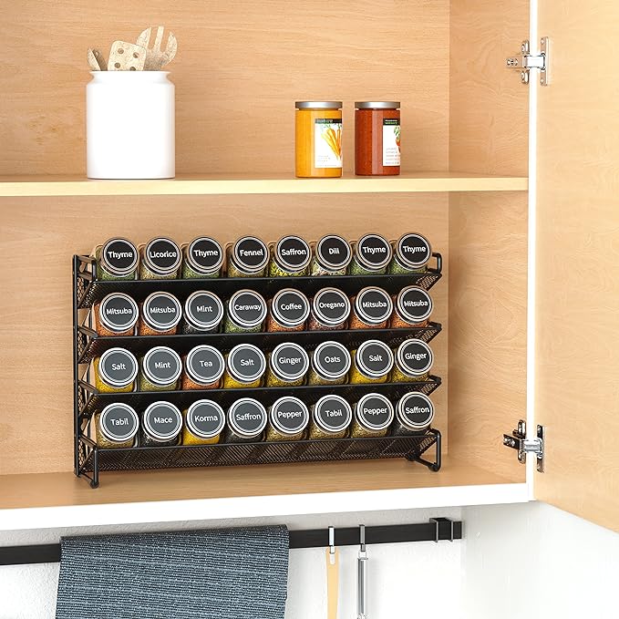 SpaceAid Spice Rack Organizer with 32 Spice Jars, 386 Spice Labels, Chalk Marker and Funnel Set for Cabinet, Countertop, Pantry, Cupboard or Door & Wall Mount - 32 Jars, 15.3" W × 10.8" H, Black - Image 2