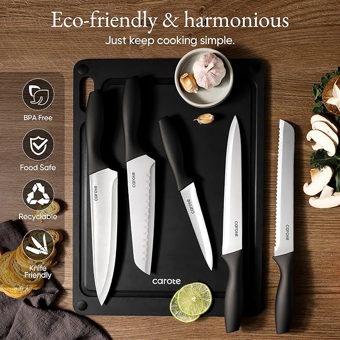 CAROTE Knife Set, 11 Pcs Kitchen Knives with 5 Blade Guards & Non-Slip Cutting Board, Rustproof Stainless Steel 5 Kitchen Knife Set, Plain Black - Image 6