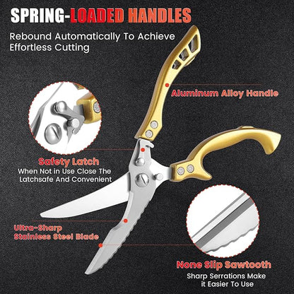 ANDONG Heavy Duty Kitchen Poultry Shears with Serrated Edge, Spring Loaded Kitchen Scissors, Professional Chicken Shears, Gold