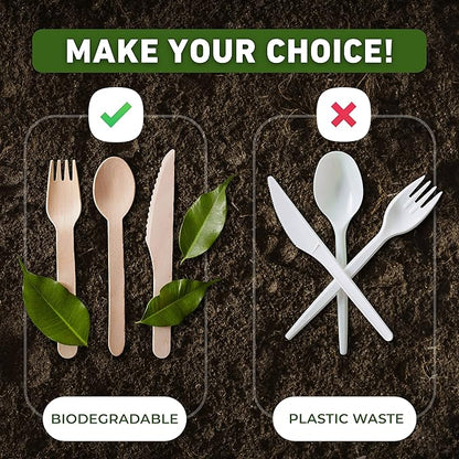 Weemium Disposable Wooden Cutlery Set - 300 Count (100 Forks, 100 Knives, 100 Spoons) – Plastic-free Packaging - Biodegradable Silverware and Splinter-free Compostable Utensils for Parties - Image 4