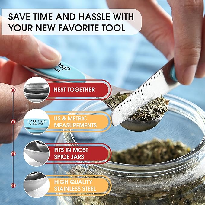 Spring Chef Stainless Steel Magnetic Measuring Spoons Set of 8 with Leveler, Nesting Metal Teaspoon & Tablespoon Measuring Spoons, Fits in Spice Jars, Kitchen Gadgets for Baking & Cooking - Aqua Sky - Image 6