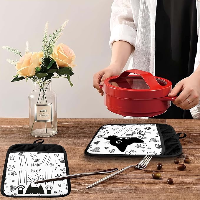 Funny Black Cat Pot Holders with Pockets, Cat Kitchen Decor, Cute Black Kitty Kitten Paw Oven Pot Holders Heat Resistant Oven Mitts Hot Pads for Kitchen Baking Cooking, Set of 2