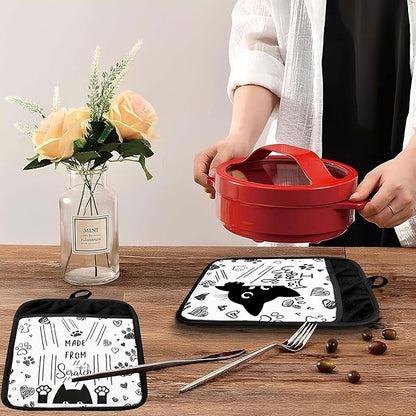 Funny Black Cat Pot Holders with Pockets, Cat Kitchen Decor, Cute Black Kitty Kitten Paw Oven Pot Holders Heat Resistant Oven Mitts Hot Pads for Kitchen Baking Cooking, Set of 2