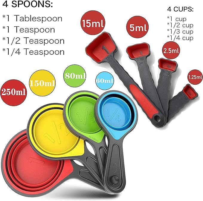 Collapsible Silicone Soft Measuring Cups and Measuring Spoons,8 pieces Portable Food Grade Silicone Measurement Cup for Liquid & Dry Measuring Baking &Utensils & Travel Measuring Cup，space saver - Image 2