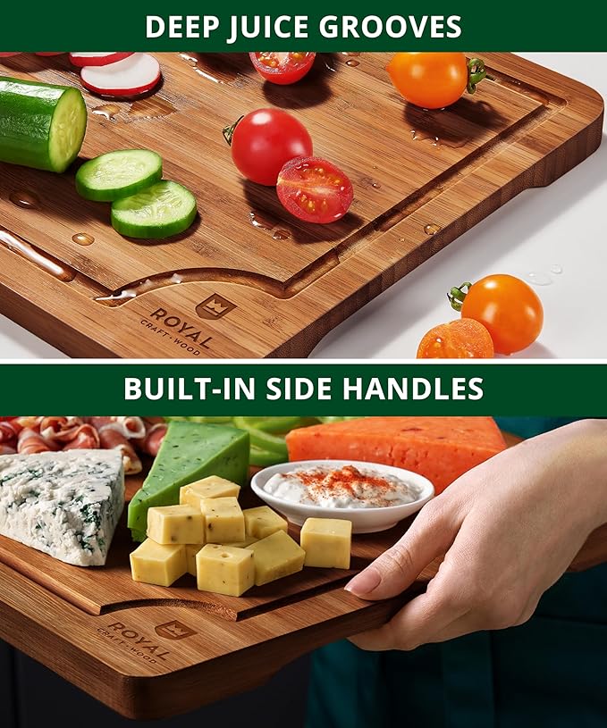 ROYAL CRAFT WOOD Wooden Cutting Boards for Kitchen Meal Prep & Serving - Bamboo Wood Serving Board Set with Deep Juice Groove Side Handles - Charcuterie & Chopping Butcher Block for Meat - Image 5