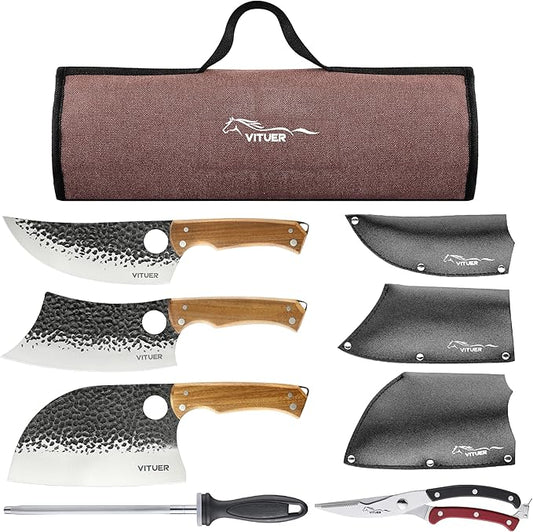 9 PCS Butcher Viking Camping Knife Set, 7" Serbian Chef Knife, 7" Butcher Meat Cleaver, 6.5" Viking Knife, 3 Knife Sheath, Honing Steel, Poultry Shears and Knife Roll Bag (Stylish Horse Pattern)