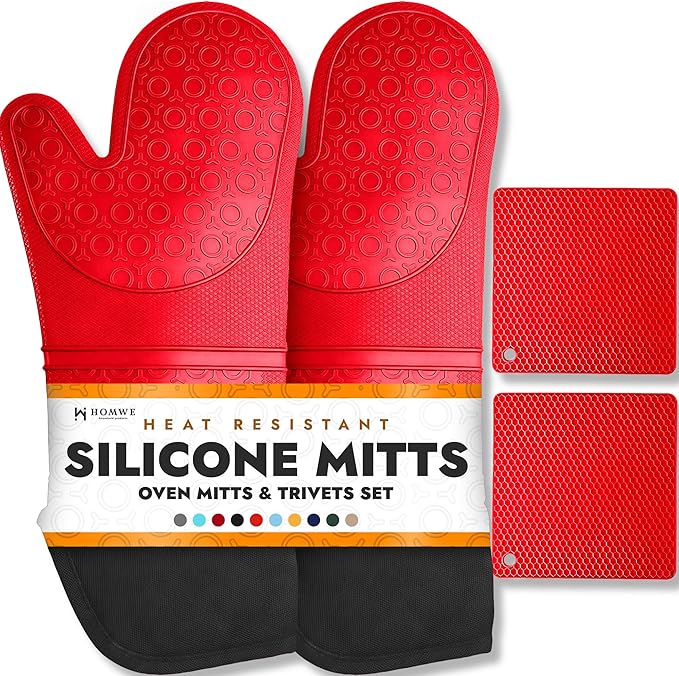 Homwe Silicone Oven Mitts and Potholders (4-Piece Sets) Heavy Duty Cooking Gloves, Kitchen Counter Safe Trivet Mats | Advanced Heat Resistant, Non-Slip Textured Grip Pot Holders(Red) by HOMWE