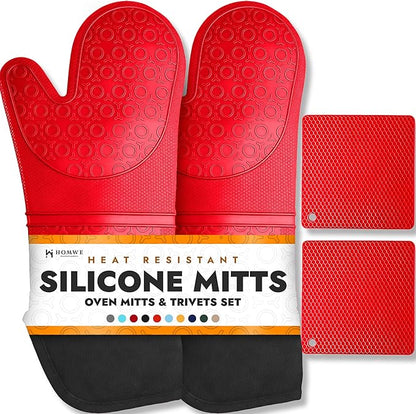 Homwe Silicone Oven Mitts and Potholders (4-Piece Sets) Heavy Duty Cooking Gloves, Kitchen Counter Safe Trivet Mats | Advanced Heat Resistant, Non-Slip Textured Grip Pot Holders(Red) by HOMWE