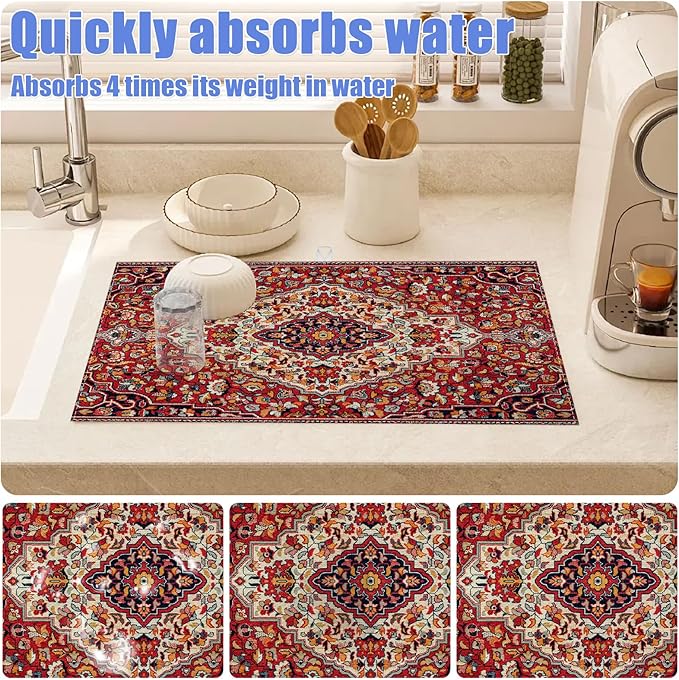 Boho Vintage Ethnic Dish Drying Mat for Kitchen Counter Persian Original Tribal Drying Pad Absorbent Dish Drainer Rack Mats Draining Pad - Image 4