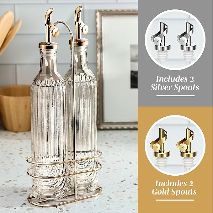COOK WITH COLOR Glass Olive Oil Bottle Dispenser - 2 Pack- 17oz Oil and Vinegar Cruet - Olive Oil Carafe Decanter for Kitchen, Elegant Fluted, Brown - Image 4