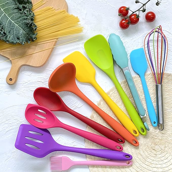 KAY RUK Kitchen Silicone Utensil Set,10Pcs Cooking Utensils Set,Food Grade Safety Silicone Utensils,480℉Heat Resistant Kitchen Tools,Seamless Easy to Clean, Non Stick Utensils(Multicolor) by KAYRUK