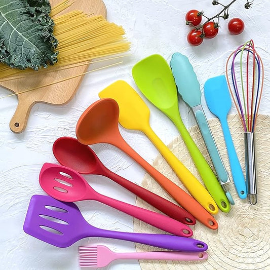 KAY RUK Kitchen Silicone Utensil Set,10Pcs Cooking Utensils Set,Food Grade Safety Silicone Utensils,480℉Heat Resistant Kitchen Tools,Seamless Easy to Clean, Non Stick Utensils(Multicolor) by KAYRUK