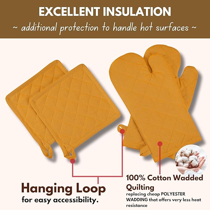 Native Fab 4 Piece Set - 2 Oven Mitts & 2 Potholders, Heat Resistant, 100% Cotton, Quilted Design, Non-Slip Grip, Machine Washable, Ideal for Baking, Cooking, BBQ, Kitchen Protection - Mustard Yellow - Image 6