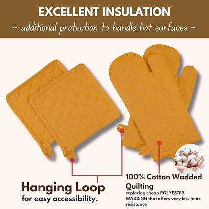 Native Fab 4 Piece Set - 2 Oven Mitts & 2 Potholders, Heat Resistant, 100% Cotton, Quilted Design, Non-Slip Grip, Machine Washable, Ideal for Baking, Cooking, BBQ, Kitchen Protection - Mustard Yellow - Image 6