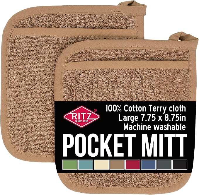 RITZ Terry Pocket Mitt & Hot Pad: Unparalleled Heat Resistant, Durable 100% Cotton – Ergonomically Designed for Optimal Grip – Easy-Care Machine Washable – 2-Pack, Mocha by Ritz+Foodservice