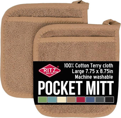 RITZ Terry Pocket Mitt & Hot Pad: Unparalleled Heat Resistant, Durable 100% Cotton – Ergonomically Designed for Optimal Grip – Easy-Care Machine Washable – 2-Pack, Mocha by Ritz+Foodservice