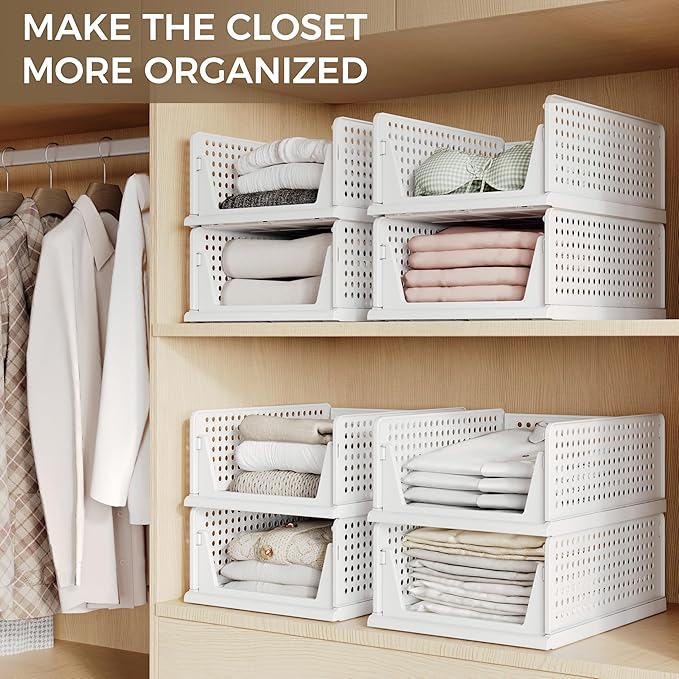 Pinkpum 6 Pack Closet Organizers Storage Bins, Stackable Plastic Drawer Basket for Clothing, Stackable Storage Bins Shelf Storage Container for Closet Wardrobe Bedroom Bathroom Office White - Image 4